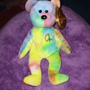 Ty Peace Bear Beanie Baby Babies Plush with Rainbow Neon Colors